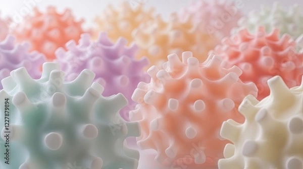 Fototapeta array of colorful virus models on sterile table intricate details in sharp focus soft ambient light creating contrast
