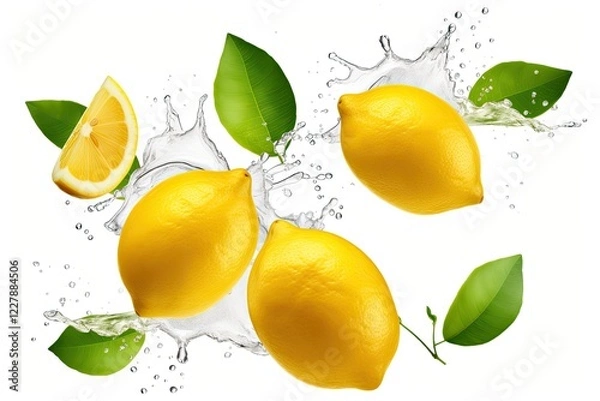 Fototapeta Lemon slices with leaves isolated on white Flying lemon fruits