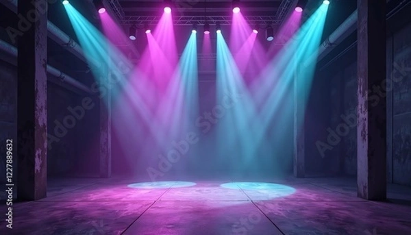 Fototapeta A Stage Illuminated with Vibrant Spotlights, Creating A Dynamic and Energetic Atmosphere Suitable for the Performance or Event