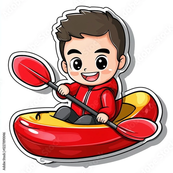Fototapeta Cartoon boy kayaking in red kayak with paddles wearing a red jacket and smiling against a white background for fun outdoor activity illustration.