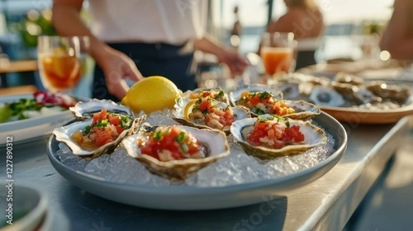 Obraz Fresh Oysters on Ice at Sunset.