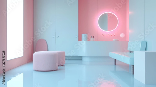 Fototapeta A modern bathroom with pink walls and blue floor features a white sink, mirror, and seating area.