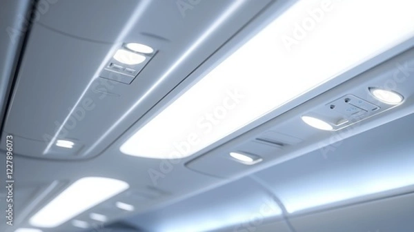 Obraz Modern airplane interior showcasing overhead lighting and cabin design during flight