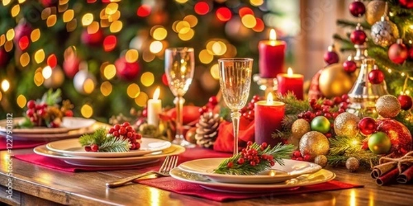 Fototapeta Festive Christmas Table Setting with Decorated Tree Background - Copy Space Left