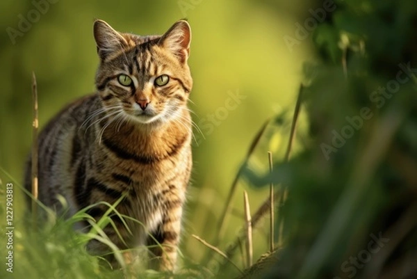 Fototapeta European Wildcat Felis Silvestris Looking Behind Over Shoulder in Summer. Elegant Predator on Meadow with Green Copy Space in National Park of Romania, Europe