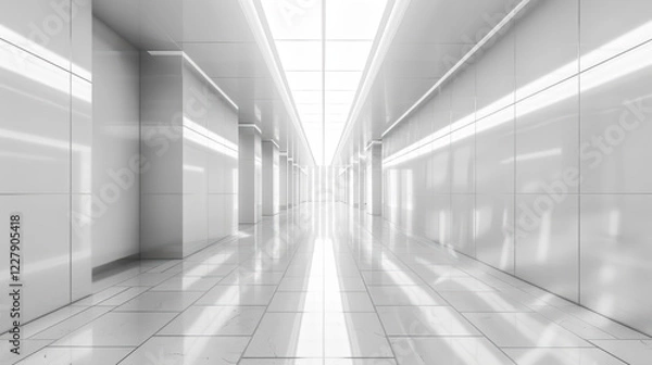 Obraz A long, narrow hallway with white walls and floor tiles, illuminated by a skylight.