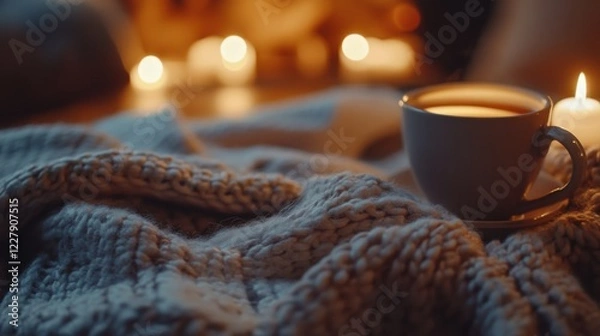 Obraz A hygge lifestyle is captured with cozy blankets, tea, and candlelight.