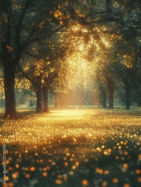 Fototapeta Golden light through trees in park at sunrise with magical bokeh