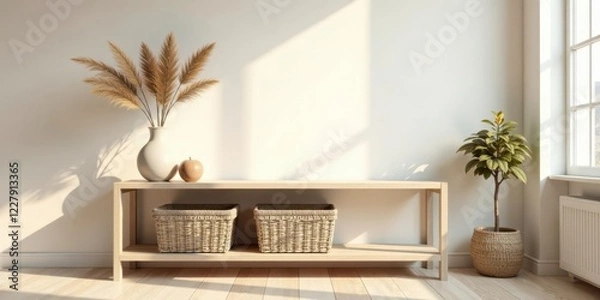 Fototapeta Serene Minimalist Interior Design Featuring a Light Wooden Shelf with Woven Baskets, Dried Pampas Grass in a Vase, and a Small Potted Plant