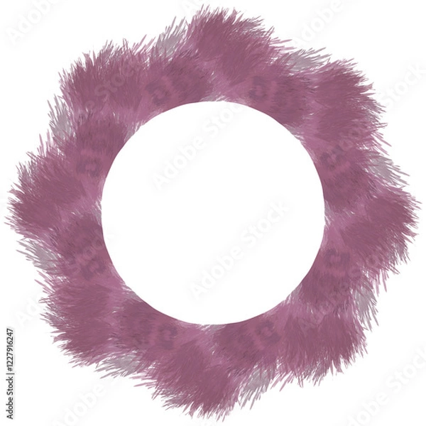 Fototapeta frame made of feathers, Circle frame with pink fur on white background.  colorful abstract fur border background for your projects, banner, business, card, template-illustration