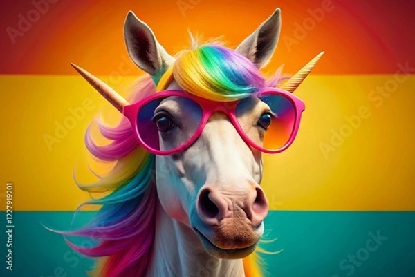 Fototapeta Funny Unicorn Sunglasses Studio Portrait, Bright Colorful Background, Whimsical Animal Photography