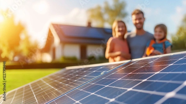 Fototapeta happy family stands in front of their home with solar panels, enjoying sunny day. children are smiling, showcasing joyful atmosphere and commitment to renewable energy