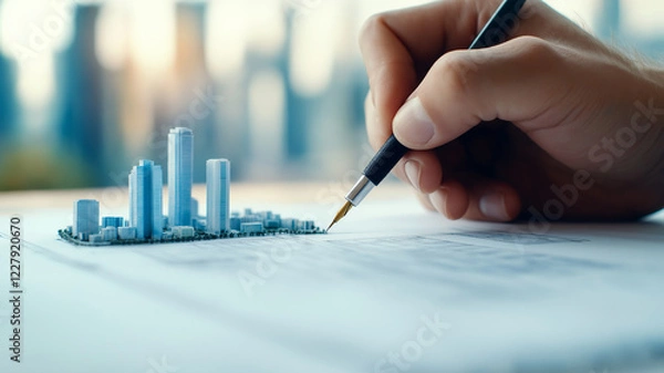 Fototapeta person is drawing architectural model of city with pen, showcasing intricate details and modern skyline. scene captures creativity and urban design