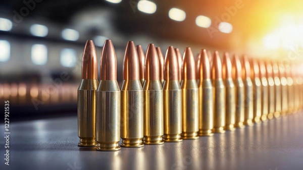 Fototapeta row of brass rifle ammunition with copper tips, showcasing precision and craftsmanship in well lit industrial setting. warm glow adds sense of focus and intensity