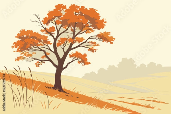 Obraz Solitary autumn tree, vibrant orange foliage, misty field, minimalist landscape, soft watercolor style, ethereal atmosphere, hazy background, golden grass, serene mood, delicate brushstrokes, muted co