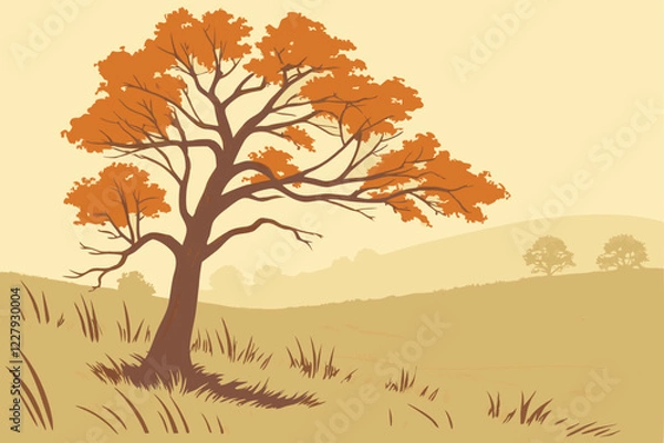 Fototapeta Solitary autumn tree, vibrant orange foliage, misty field, minimalist landscape, soft watercolor style, ethereal atmosphere, hazy background, golden grass, serene mood, delicate brushstrokes, muted co