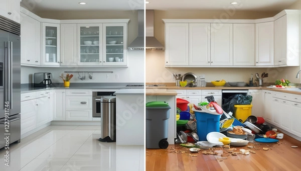 Fototapeta Spotless Kitchen Versus Dirty Space Showcasing Cleaning Importance