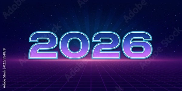 Obraz Vibrant Retro 2026 Numeric Illustration - A colorful retro-style graphic featuring the year 2026 with a neon glow against a dark cosmic background