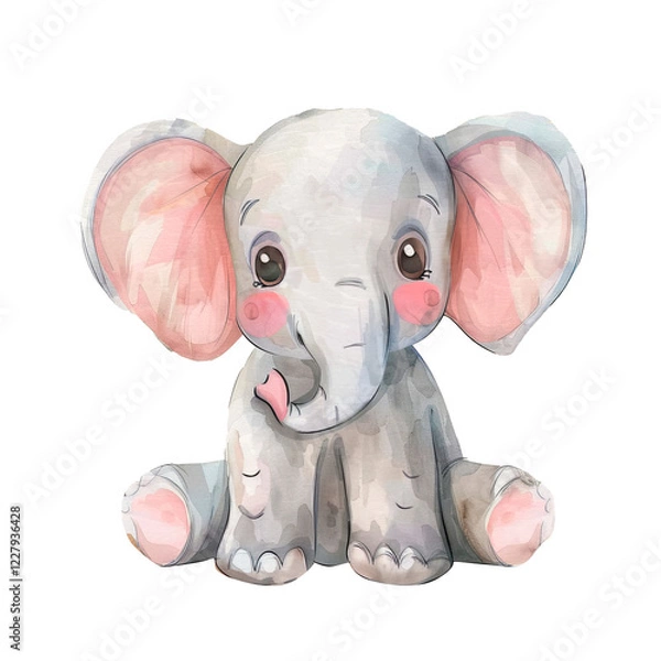 Fototapeta Watercolor illustration of a cute elephant child character highlighted on a white background. It is ideal for children's books, nursery decoration or stationery. Little elephant illustration.