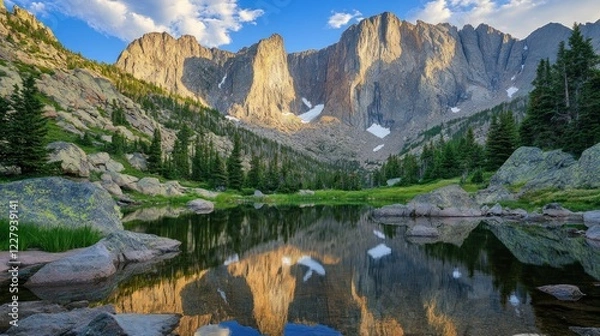 Fototapeta Majestic mountain range reflected in a serene alpine lake at sunrise.