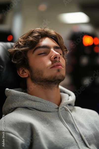 Fototapeta Photo of a young man in a grey hoodie relaxing on a massage chair. He is sleeping or resting his head on the armrests.