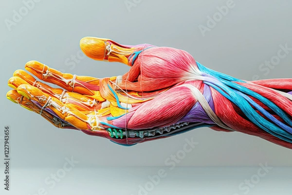 Fototapeta Detailed layered 3D diagram of human hand showcasing muscles, tendons, and bones in vibrant colors with intricate cutaway sections