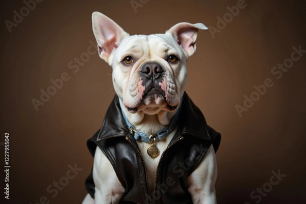 Fototapeta A white bulldog wearing a black leather vest sits with a proud expression. The neutral backdrop highlights its distinct features and stylish look, creating a striking portrait.