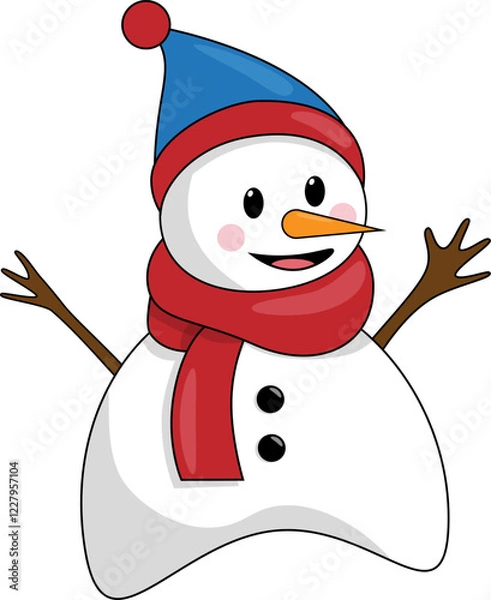 Obraz Vector snowman with red scarf and blue hat. A cute Christmas character.