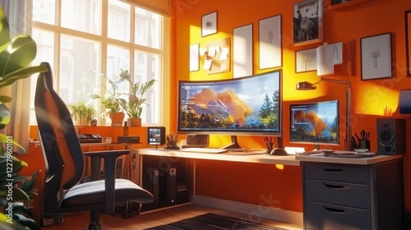 Fototapeta Sunlit Orange Gamer Workspace: Cozy and Productive Home Office Setup with Stunning Mountain View on Ultrawide Monitor