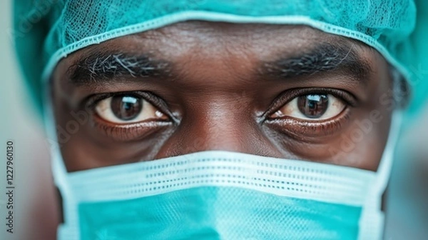 Obraz Close-up portrait of a Black male surgeon with a focused gaze, wearing a surgical mask and cap. Concept of healthcare, dedication, and medical expertise