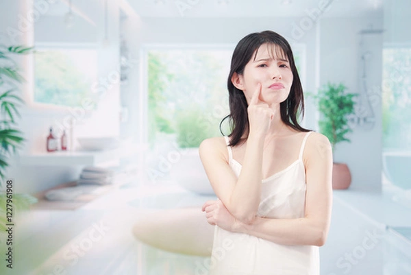 Fototapeta 肌トラブルに悩む若い女性