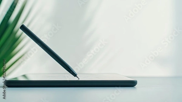 Fototapeta single tablet pen drawing on bright screen vivid educational symbols glowing on clean white interface