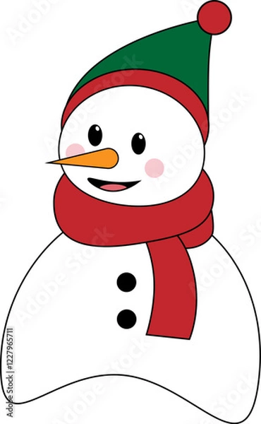 Obraz A flat vector snowman with a red scarf and a green hat. A cute Christmas character.