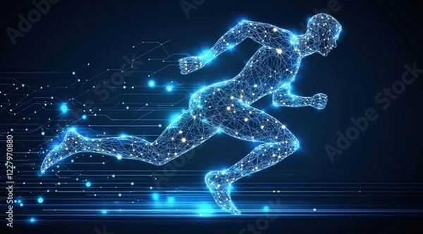 Fototapeta Digital illustration of glowing wireframe figure running in futuristic cybernetic environment with dynamic motion and technology-inspired design