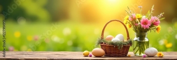 Fototapeta Easter eggs in a basket, next to spring wildflowers in a vase, on the background of spring landscape. Happy Easter!