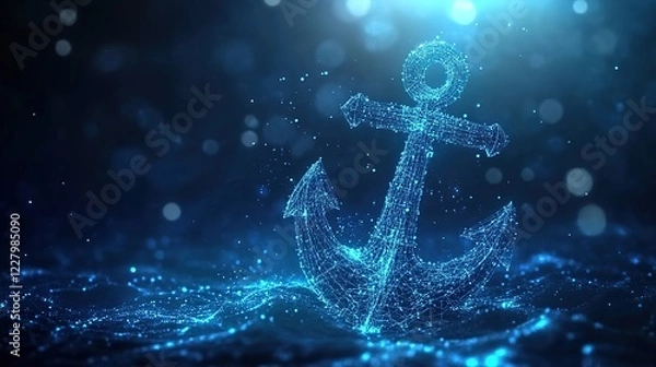 Fototapeta A digital blue hologram of an anchor, composed entirely from glowing data points and lines.