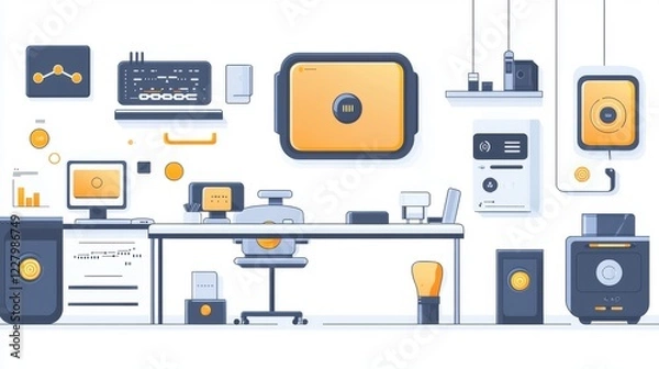 Fototapeta High-tech workspace, smart devices and futuristic elements,