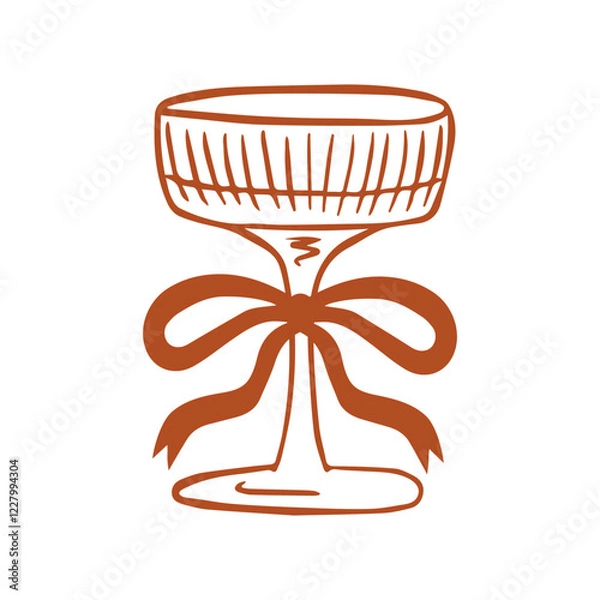 Fototapeta Champagne glass with bow in coquette 
aesthetics. Element for invitations, greeting cards, posters, prints, design menu. Vector hand draw isolated icon on a white background.
