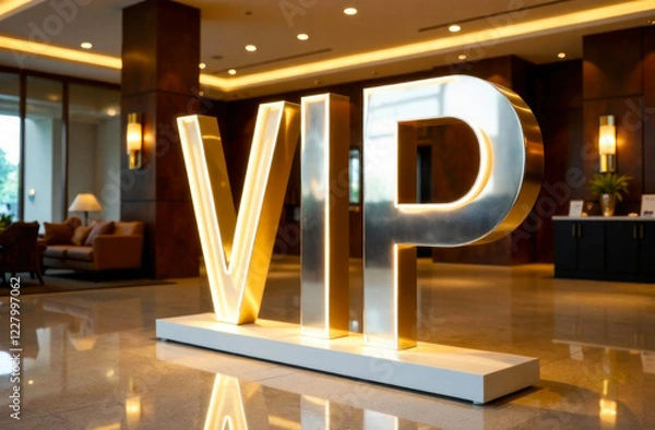 Fototapeta Stylish VIP sign stands prominently in a modern hotel lobby, welcoming guests with warm, inviting decor