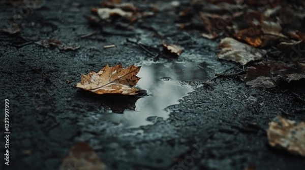 Fototapeta Autumn Leaf in Puddle Dark Ground