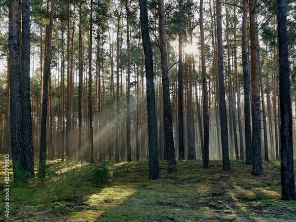 Obraz Sunlight Beaming Through Tall Pine Trees in a Serene Morning Foggy Forest