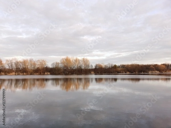 Fototapeta Lake view in winter, sunset 