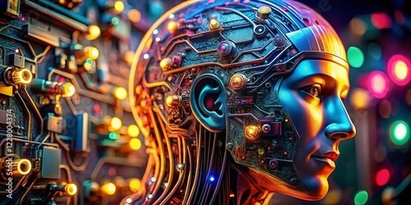 Fototapeta Macro Shot: Futuristic Robot Head Circuitry - AI Technology Close-Up