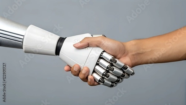 Fototapeta This image shows a close-up of a handshake between a robotic hand and a human hand. 