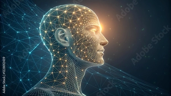 Fototapeta This image depicts a digital, wireframe representation of a human head and part of the upper body,
