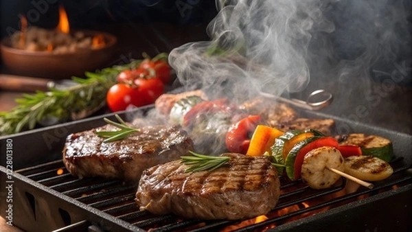 Fototapeta This image captures a close-up view of food being grilled on a cast iron grill.