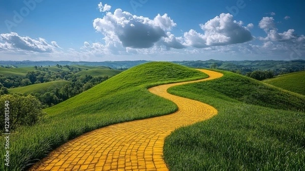 Fototapeta This image features a winding yellow brick road traversing lush, rolling hills beneath a blue sky dotted with fluffy clouds, inviting exploration and discovery.