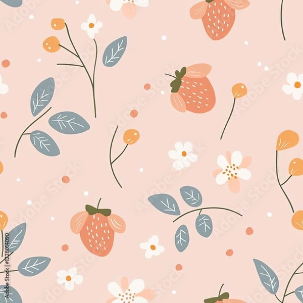 Fototapeta Seamless pattern with strawberry and cute flower on pink background.