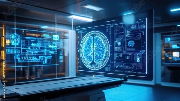 Obraz A computer monitor displays a brain with a blue and white color scheme