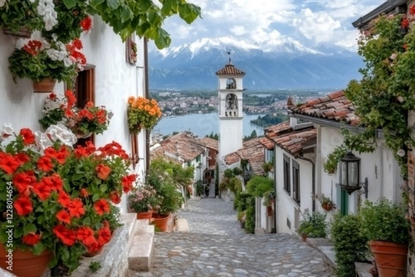 Fototapeta A cobblestone street in a historic town, its lengthy path lined with colorful buildings and flower pots